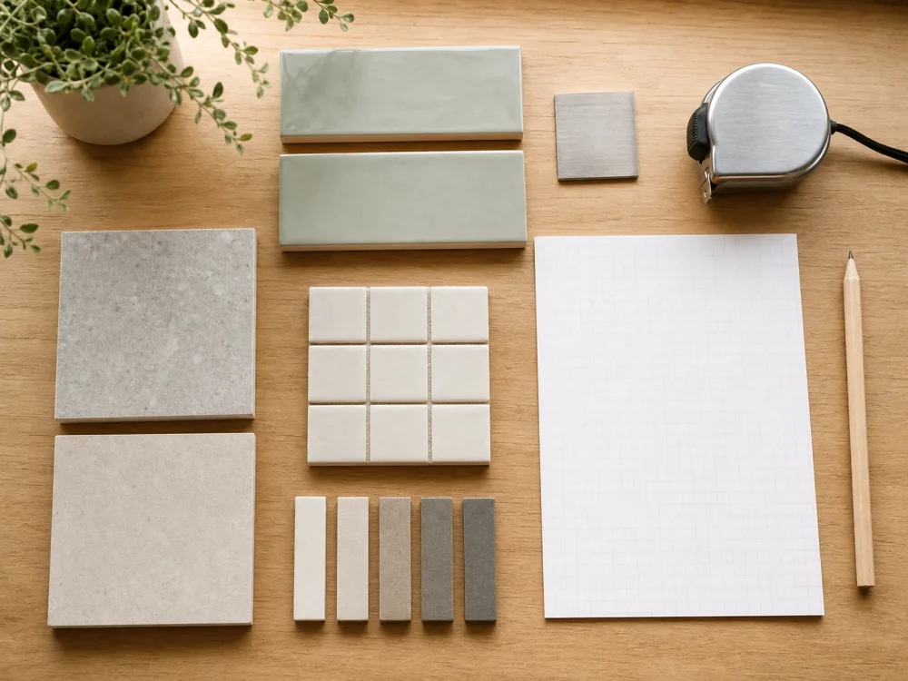 Bathroom planning materials with tile samples, a tape measure, pencil and blank graph paper.