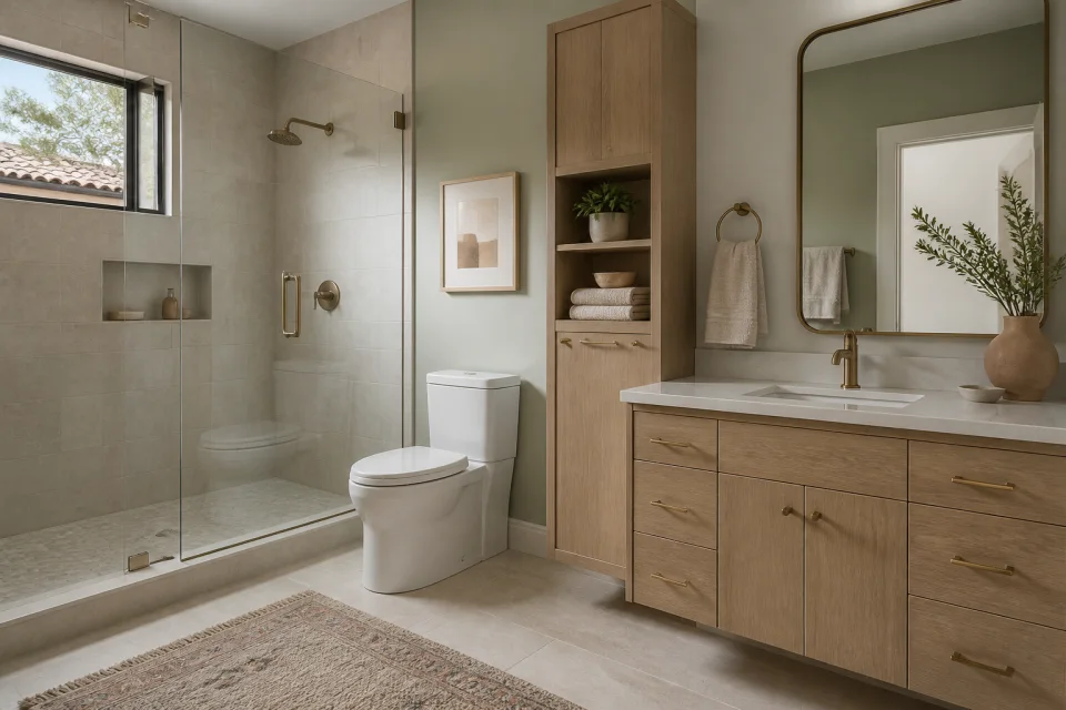 Bathroom concept with a walk-in shower, vanity and practical storage in warm daylight.