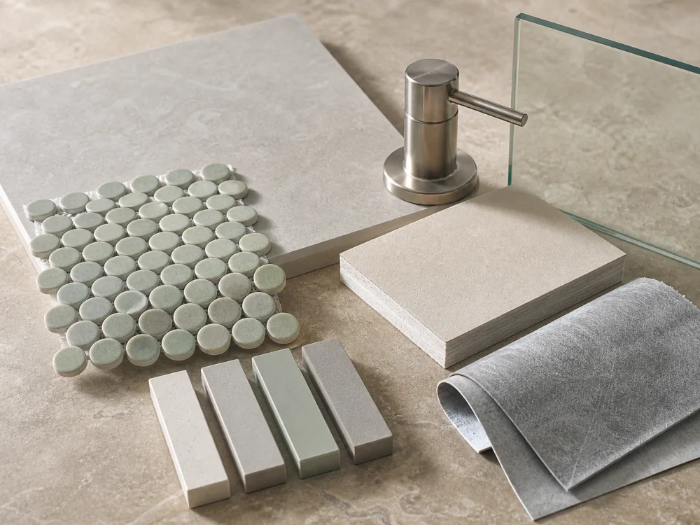 Unbranded shower material samples including tile, glass, backing and water-management material.